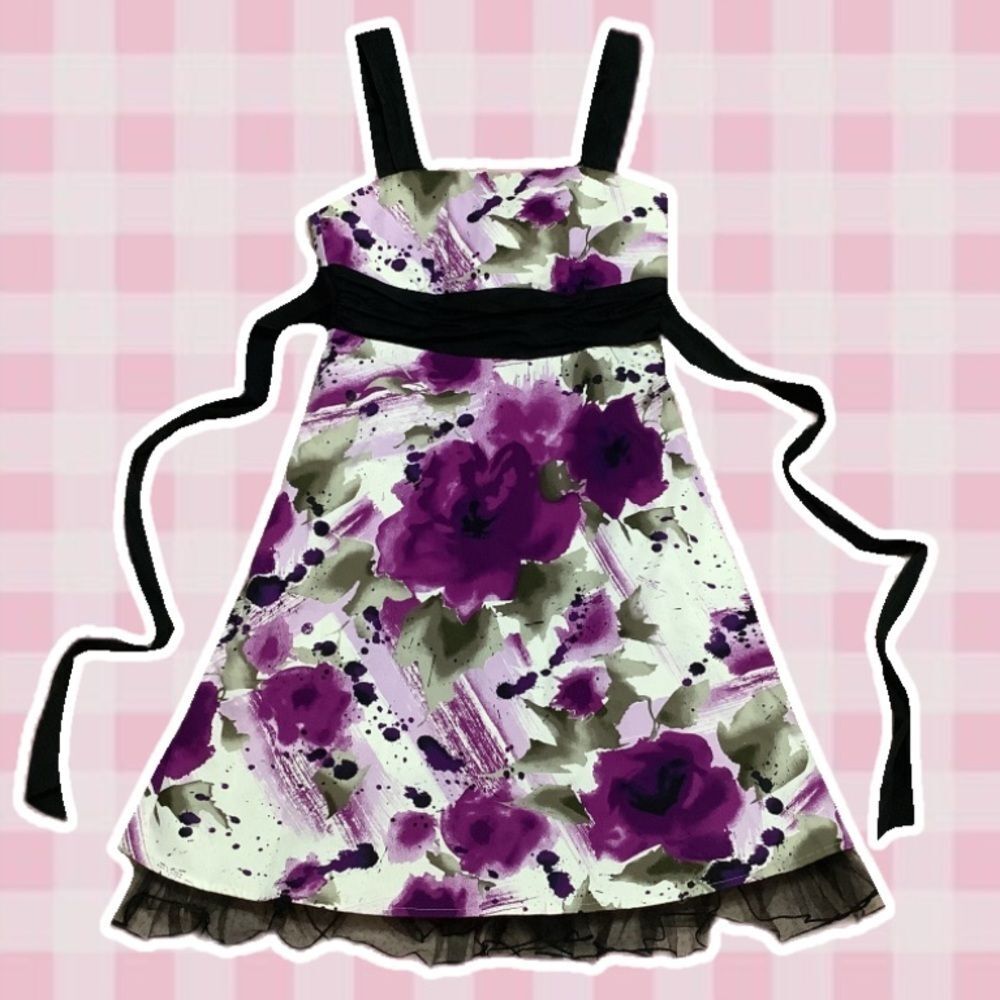 Vintage Y2K Purple Floral Dark Feminine Romantic Emo Scene Babydoll Dress Sz 7